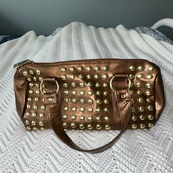 Bronze Faux Leather Embellished with Gold Studs- Bisou Bisou Satchel Bag - Picture 9 of 9